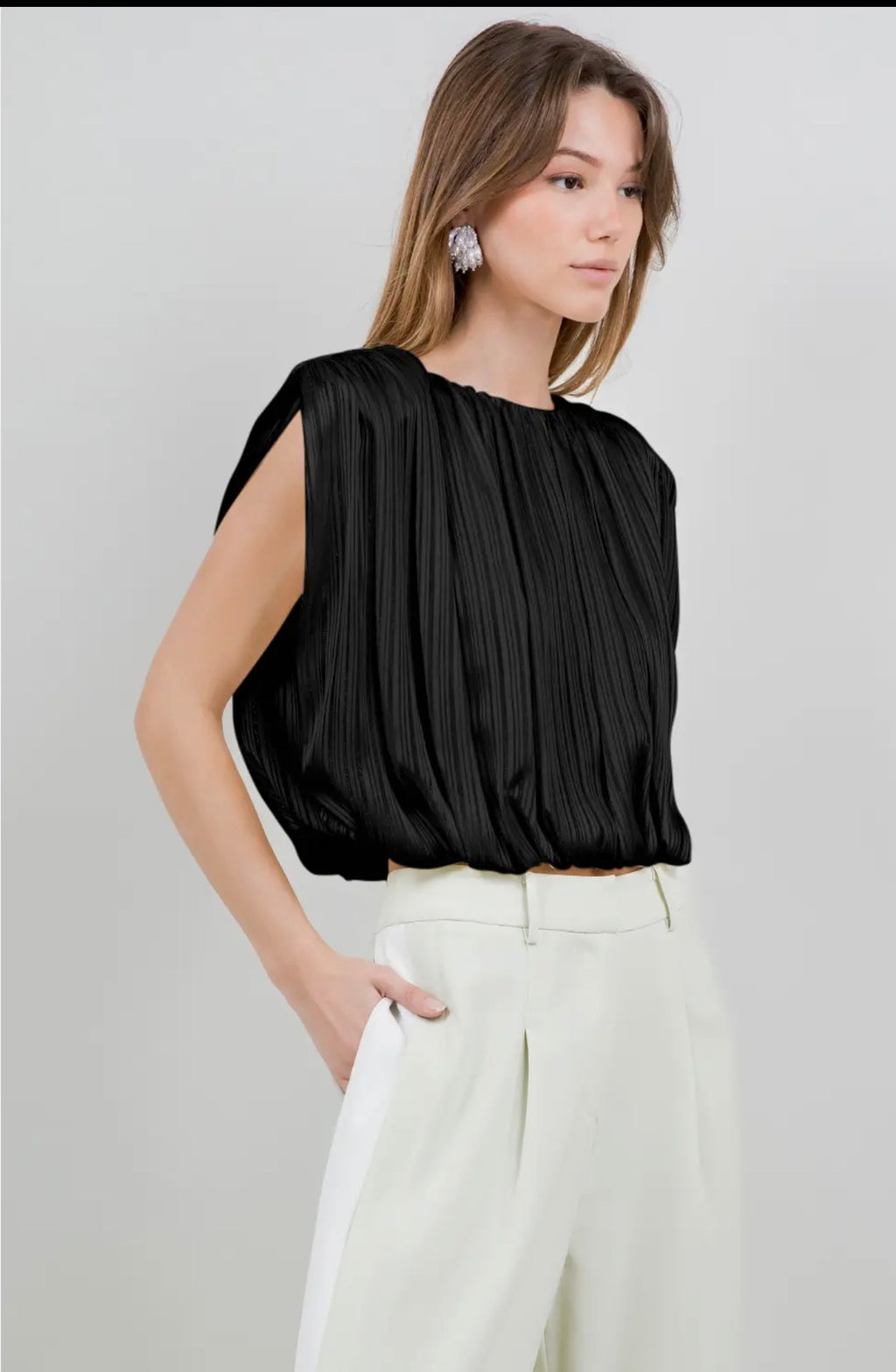 Black Satin Draped Padded Shoulder Top