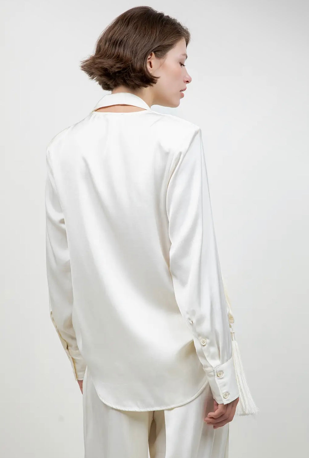 Silk Long Sleeve Top With Scarf Tassel