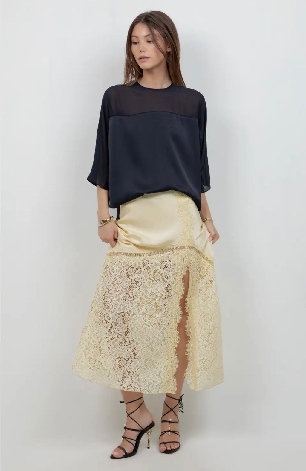 Butter Yellow Lace and Satin Ankle Length Slip Skirt