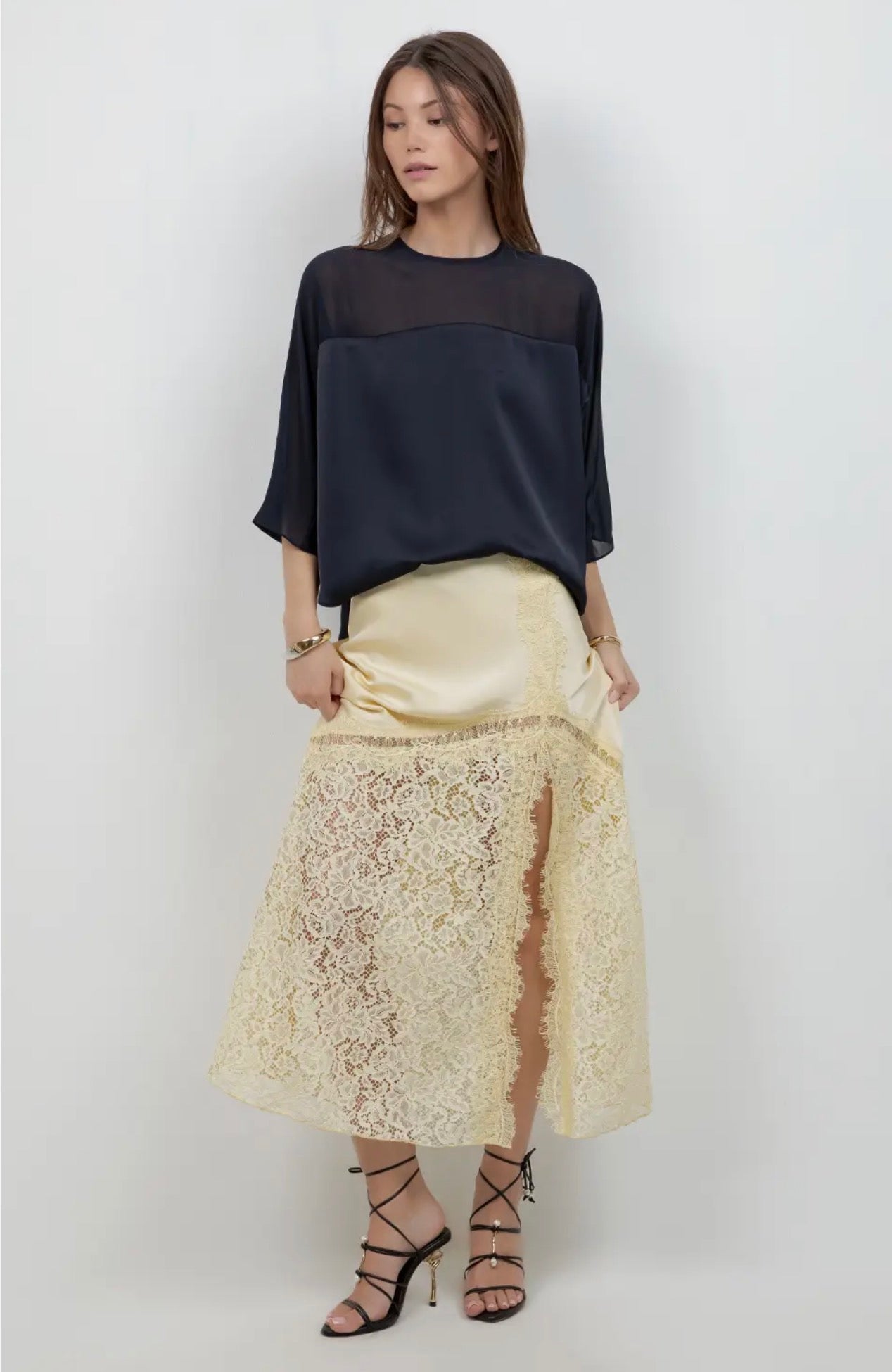 Butter Yellow Lace and Satin Ankle Length Slip Skirt