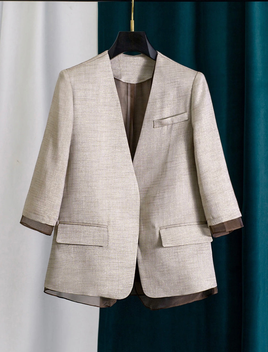 Linen Blend V-Neck Sheer Trim Summer Blazer Coat