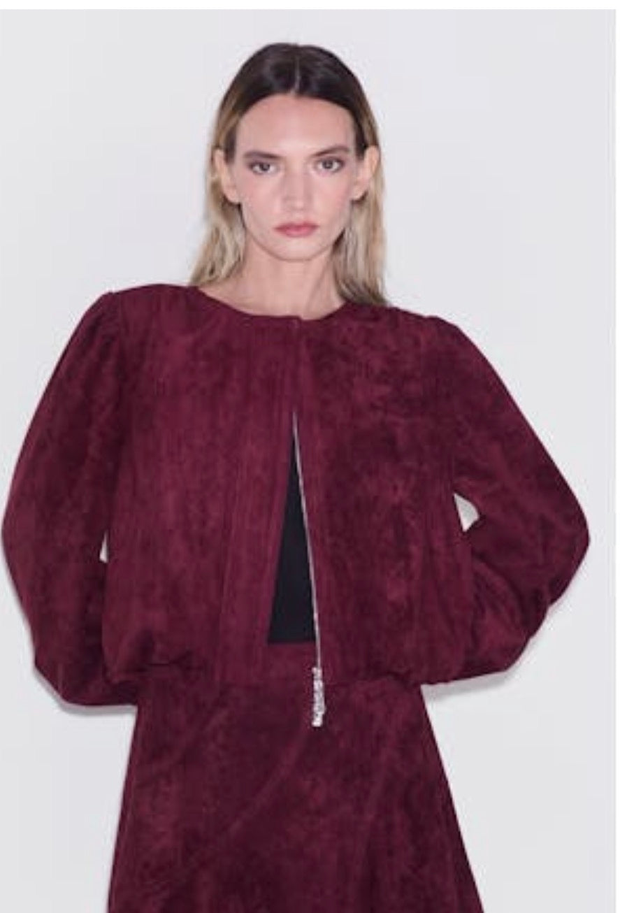 Faux Suede Bubble Hem Jacket and Paneled Skirt Merlot Set