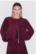 Faux Suede Bubble Hem Jacket and Paneled Skirt Merlot Set