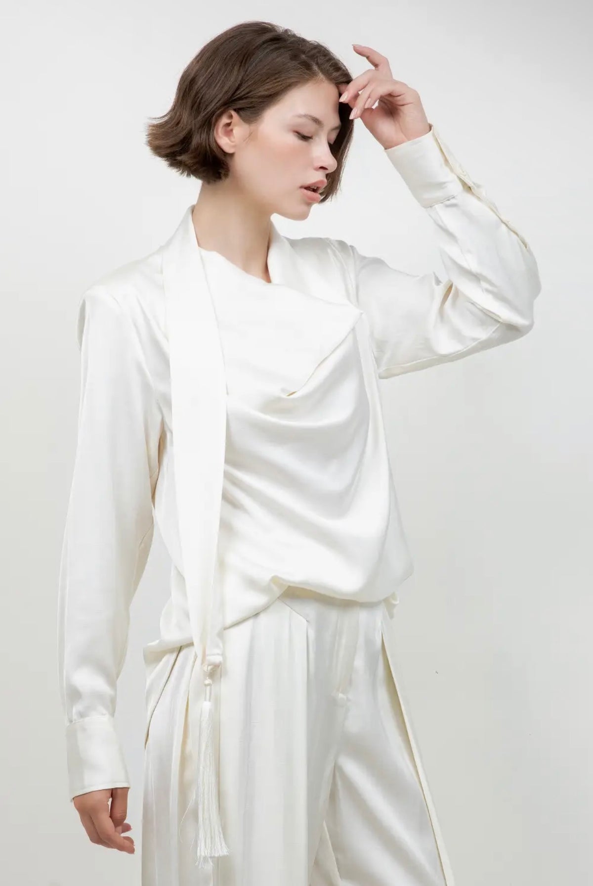Silk Long Sleeve Top With Scarf Tassel