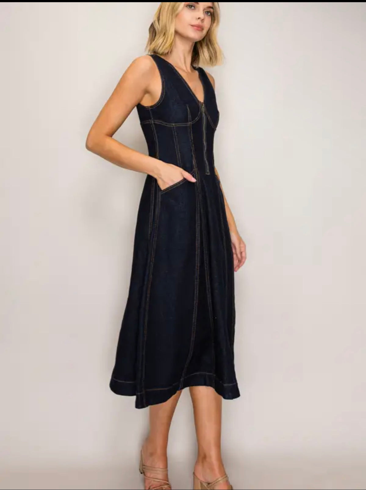 Indigo Denim Midi Zipper Dress