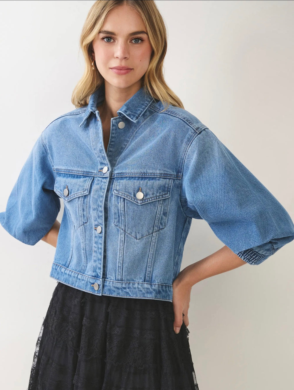 Cropped Denim Puff Sleeve Jacket