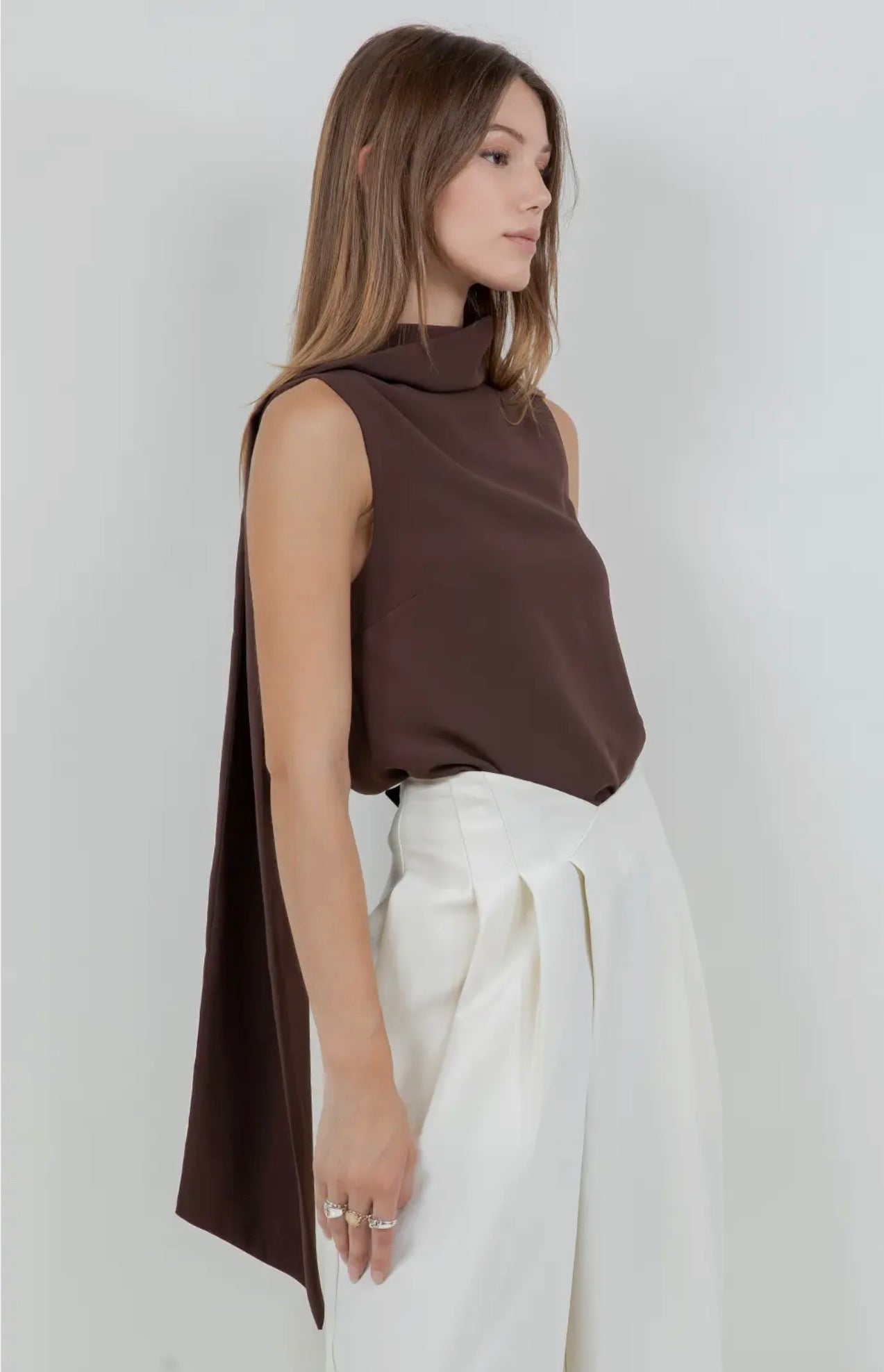 Brown Attached Scarf Sleeveless Blouse