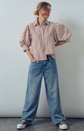 Brown Stripe Puff Sleeve Blouse