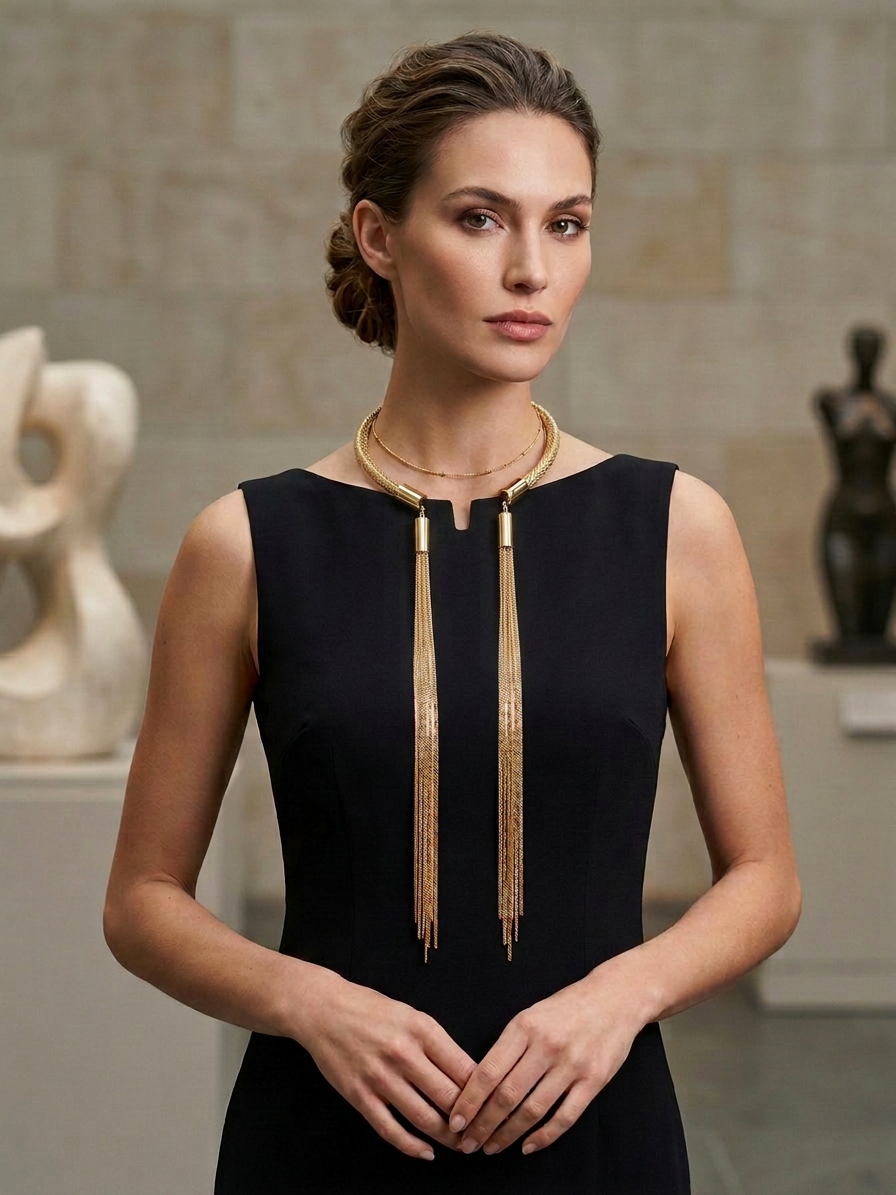 Statement Necklace/Tie In Gold And Silver