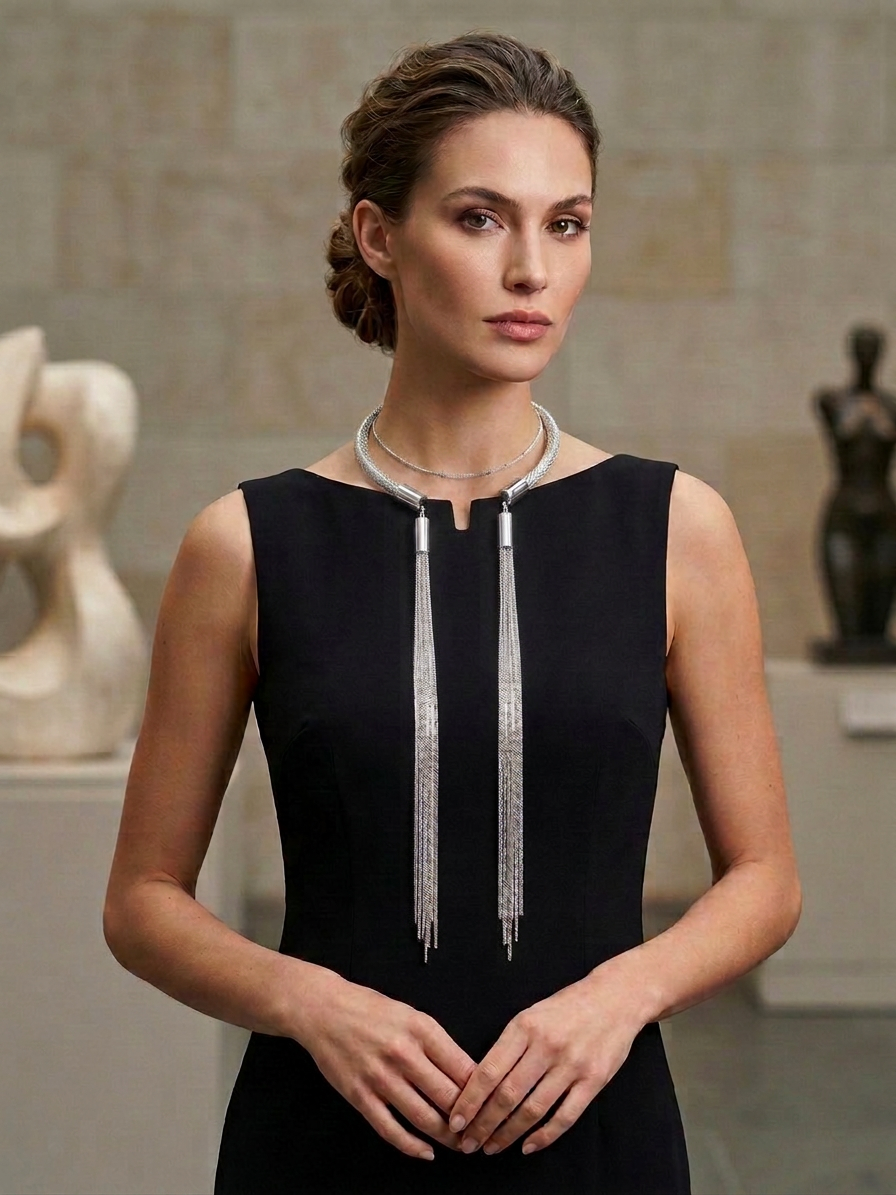 Statement Necklace/Tie In Gold And Silver