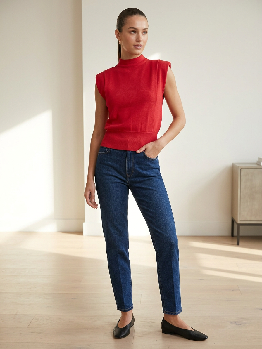 Red Sleeveless Shoulder Pad Sweater