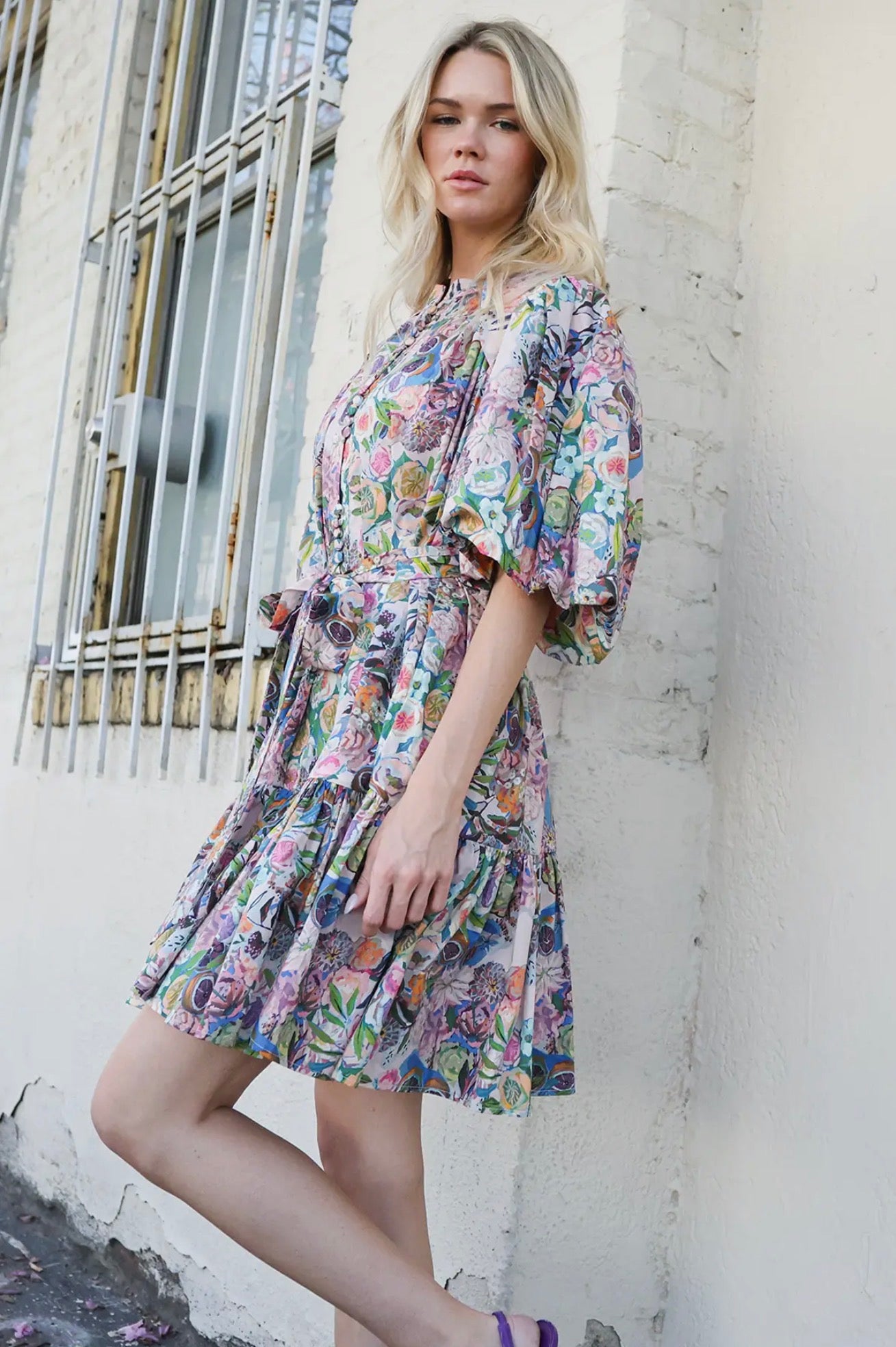 Multicolor Floral Printed Puff Sleeve Dress