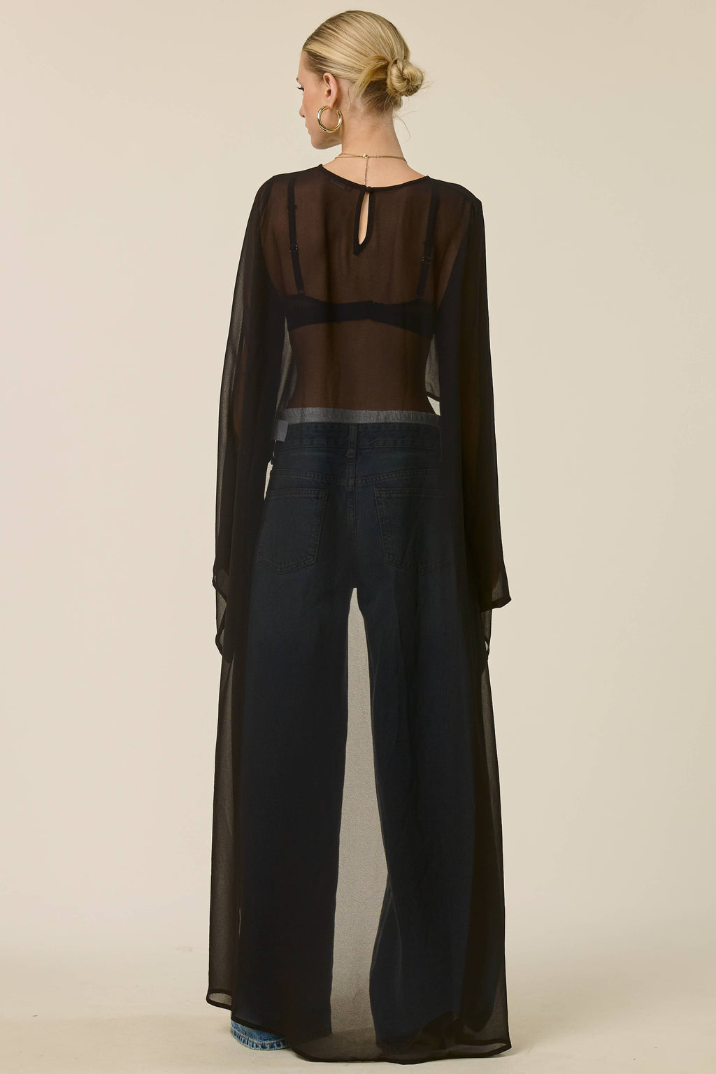Sheer Long Sleeve Maxi Overlay Top: Black / S