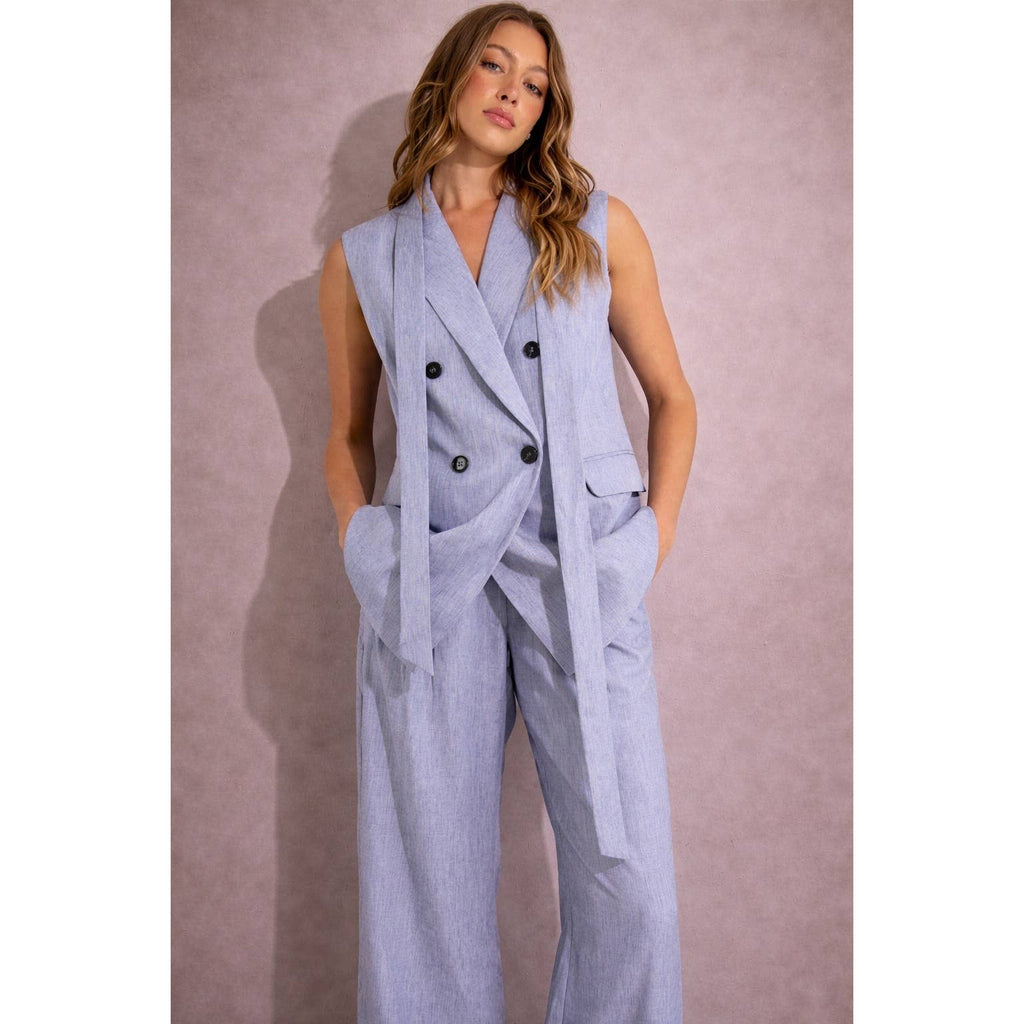 SPRING VEST AND LONG PANTS SUIT SET: DENIM BLUE HAZE