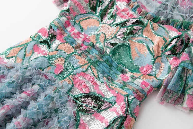 Hand-Printed Lotus Leaf Lace Dress with Sequin and Beaded Detail