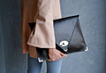 Symmetria Black Large Leather Clutch Bag With Silver Hardware