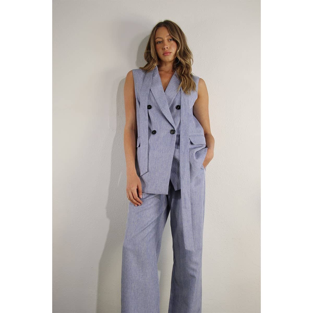 SPRING VEST AND LONG PANTS SUIT SET: DENIM BLUE HAZE