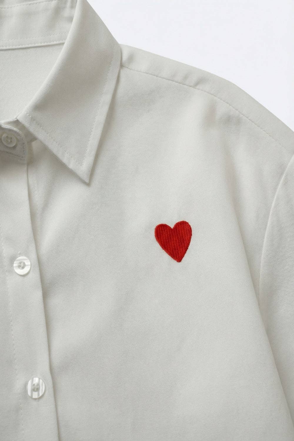White Oxford Cotton Shirt with Embroidered Red Heart
