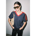 Ruth Sporty V-Neck Short Sleeve Boxy Tee Top Navy And Red