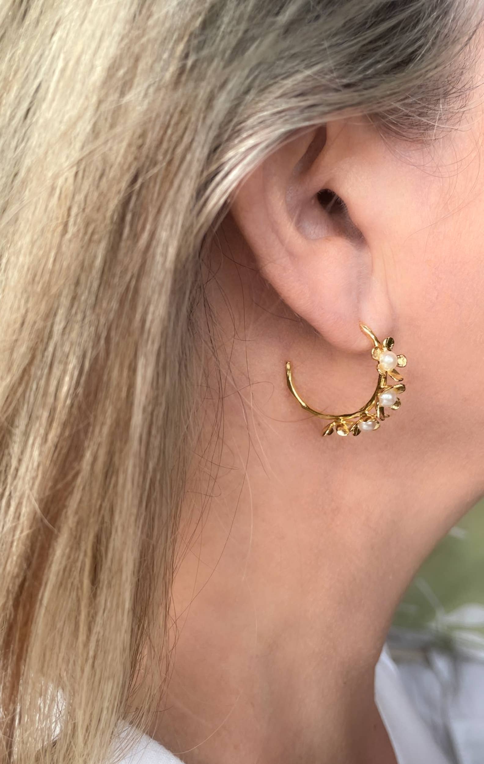 Gold floral hoops with freshwater pearls