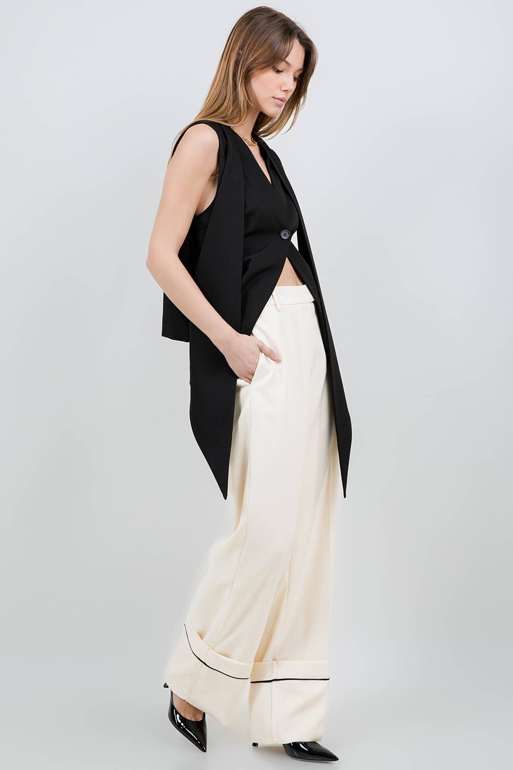 Black Woven Vest With Attached Scarf