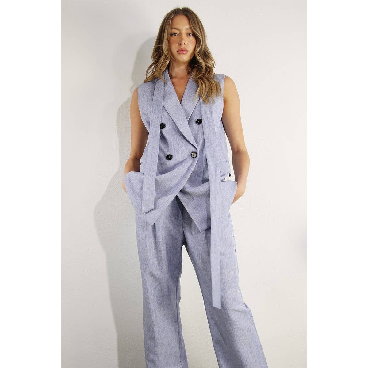 SPRING VEST AND LONG PANTS SUIT SET: DENIM BLUE HAZE