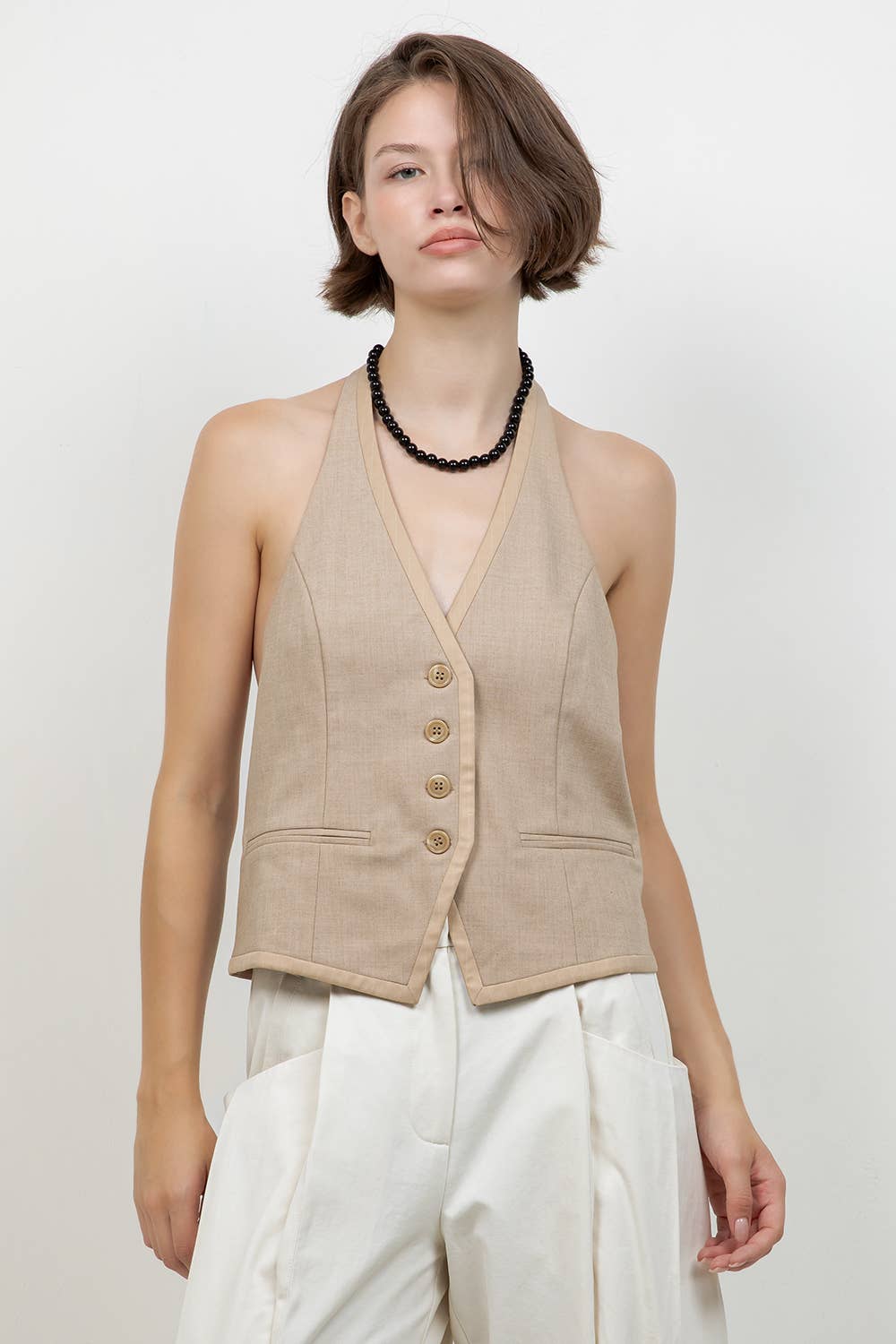 Khaki Button Down Tie Accent Vest