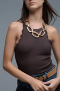 Brown Ribbed Halter Top With Scalloped Finish