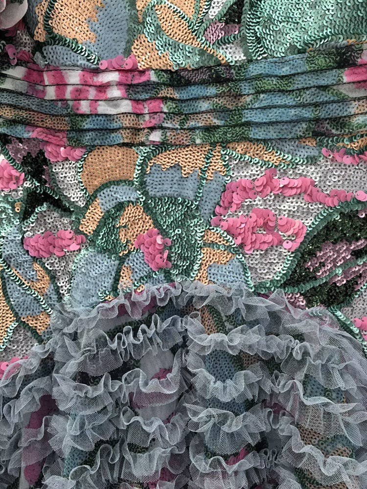 Hand-Printed Lotus Leaf Lace Dress with Sequin and Beaded Detail