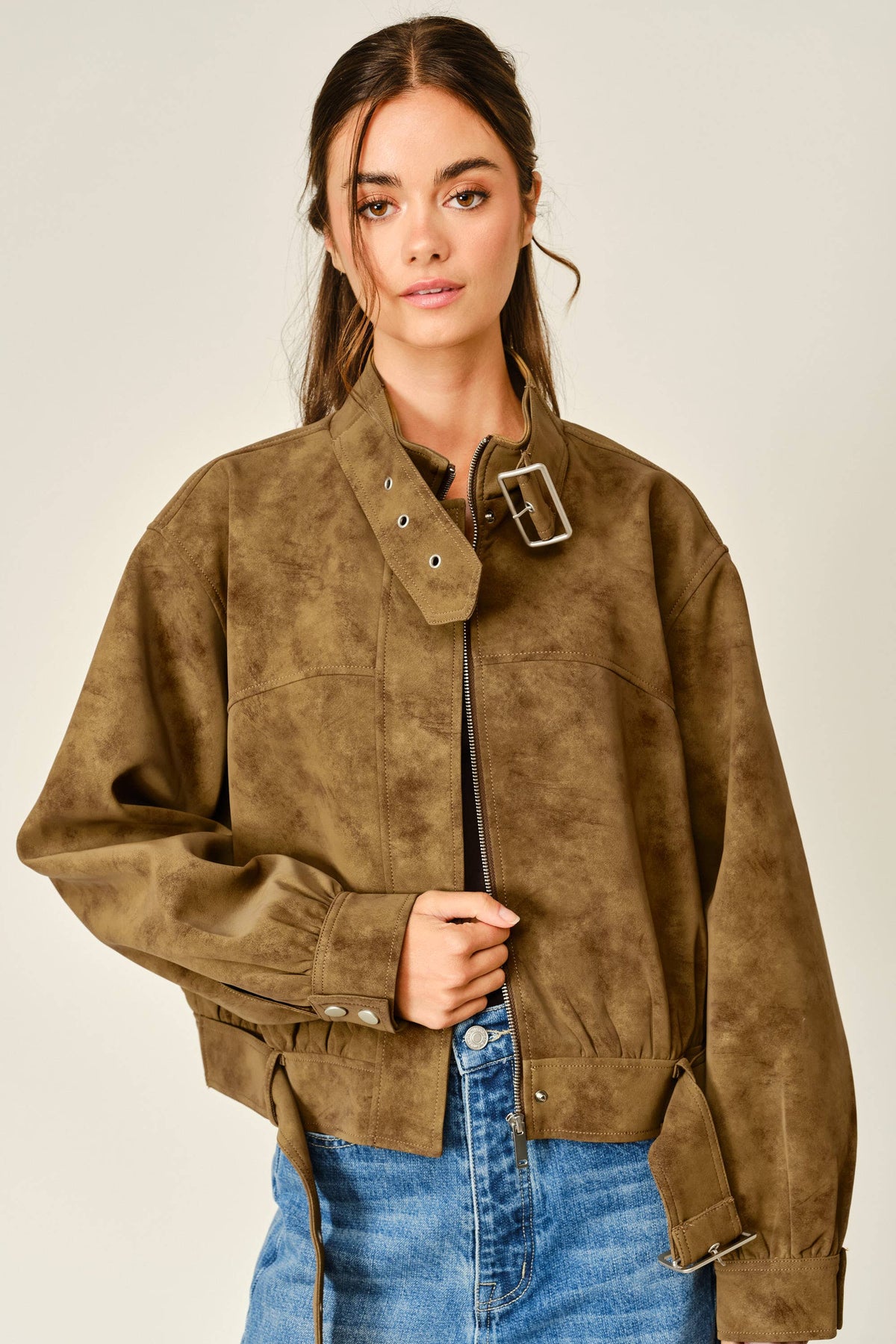 Cognac Vintage Leather Belted Bomber