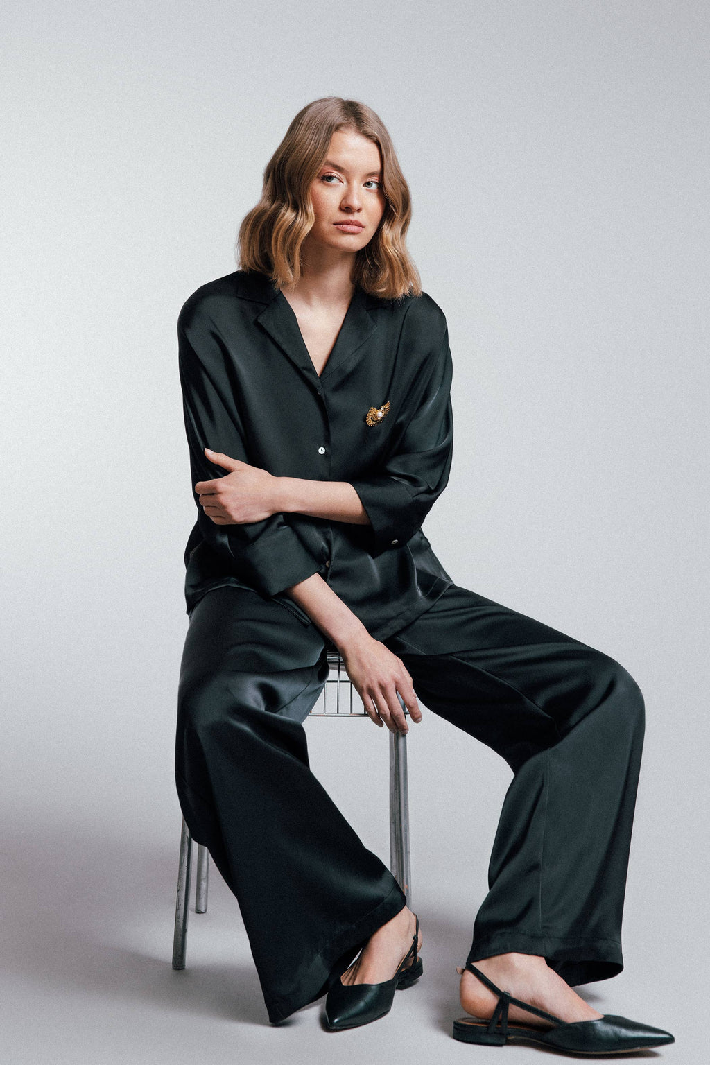 Black Satin Wide-Leg Trousers