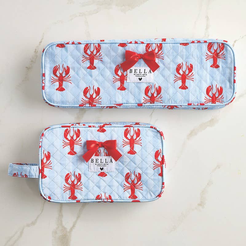 Quilted Hair Tool Bag - Blue Stripes + Lobsters: 15.5" L x 5" H x 3" D