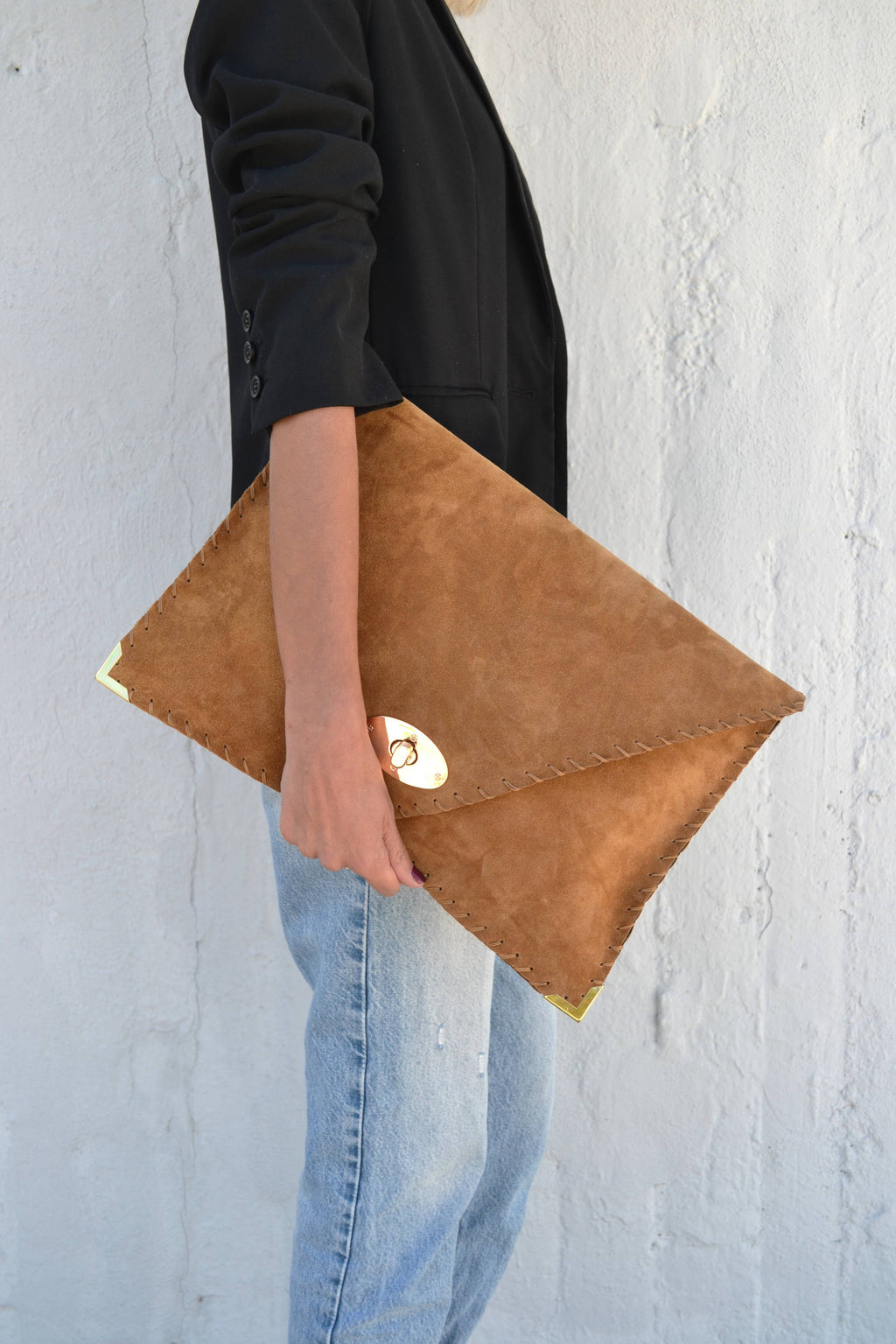 Symmetria Large Soft Clutch In Caramel With Gold Hardware