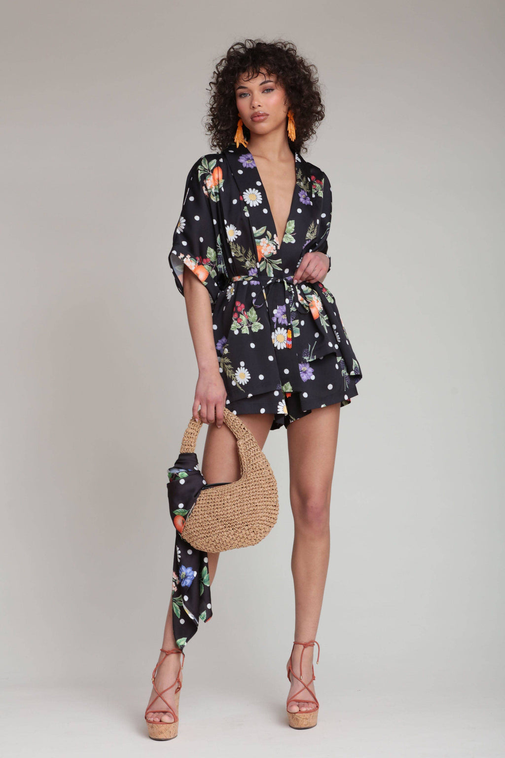 Floral Polka Dot Satin Kimono Top and Short Set: Black Scattered Botanical