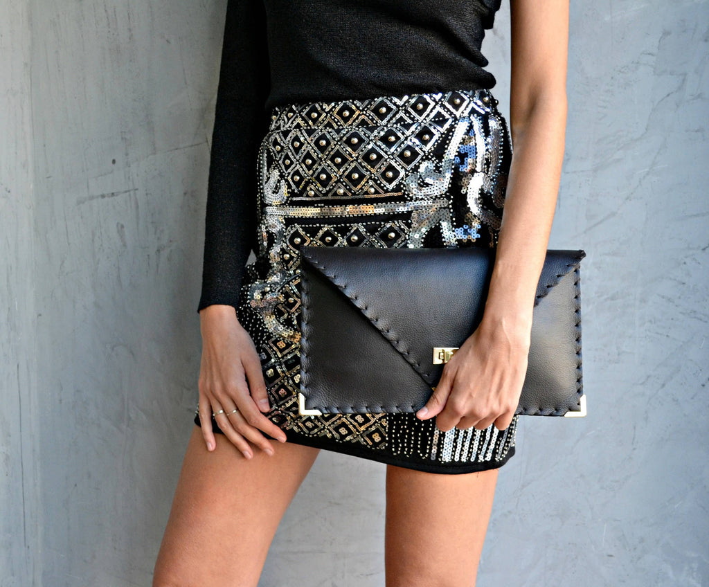 Symmetria Black Large Leather Clutch Bag With Silver Hardware