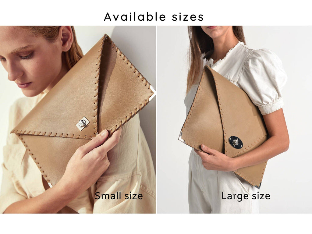 Symmetria Large Leather Clutch In Tan And Silver
