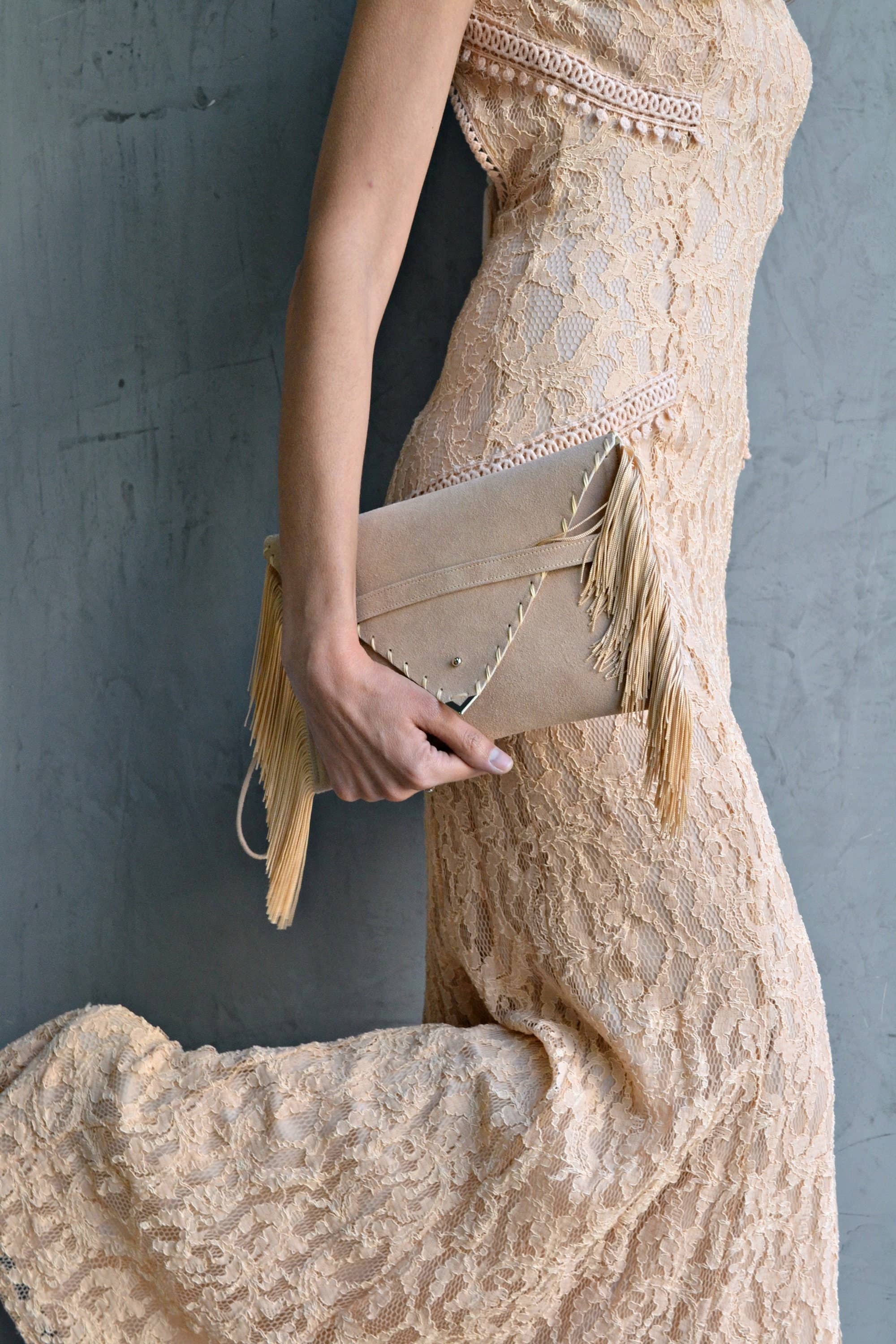 Medusa Clutch In Beige With Silk Fringe And Silver Hardware