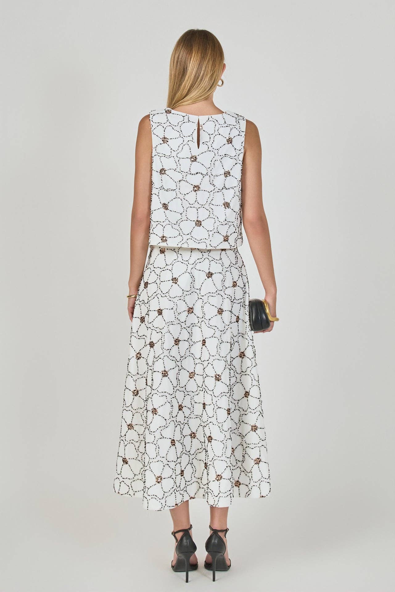 White and Black Floral Beaded Linen Chiffon Set