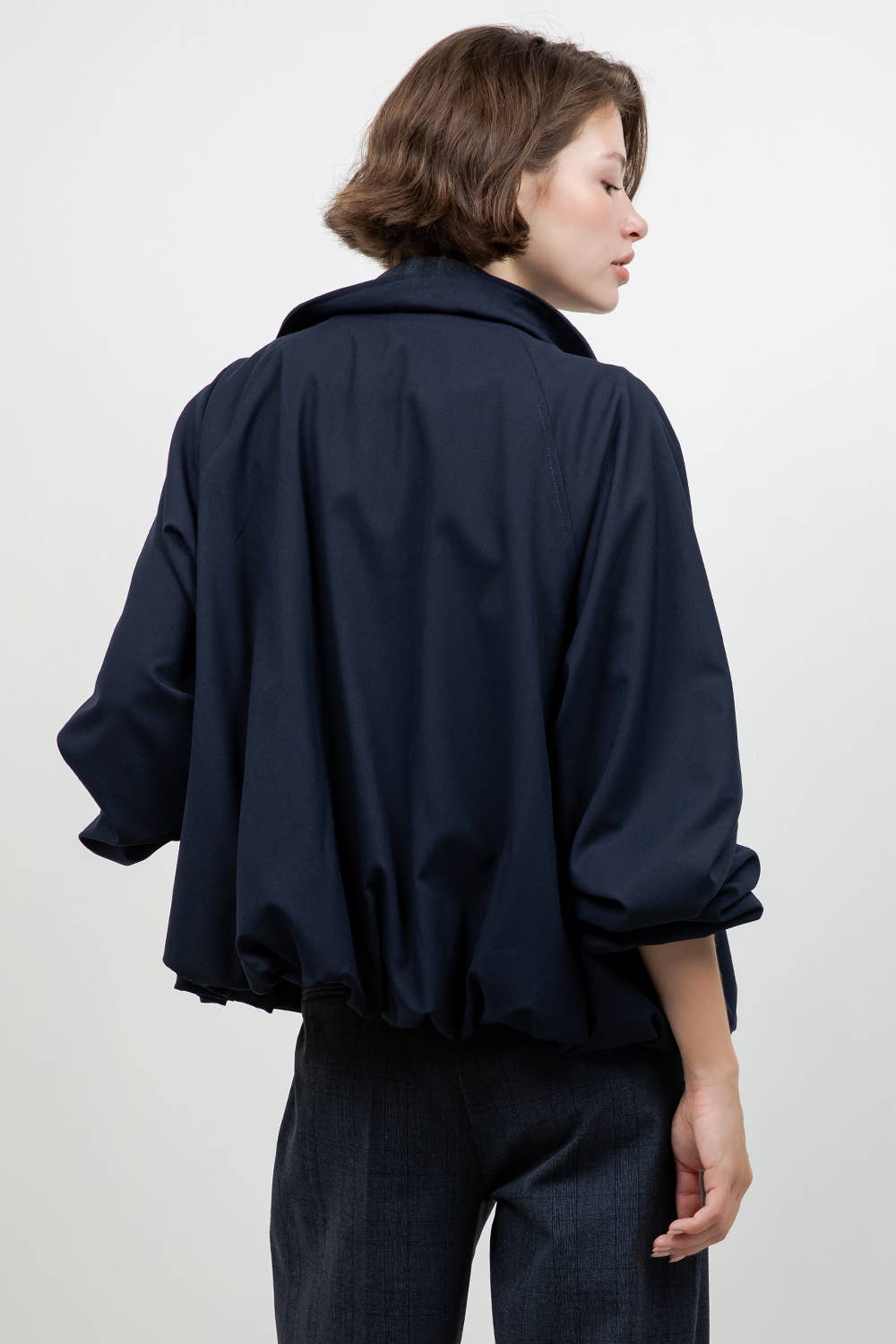 Soft Navy Jacket With Plaid Collar Detail