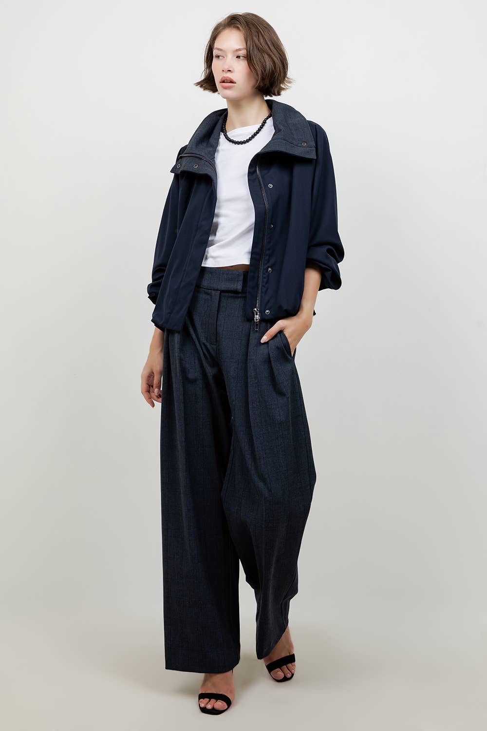 Soft Navy Jacket With Plaid Collar Detail