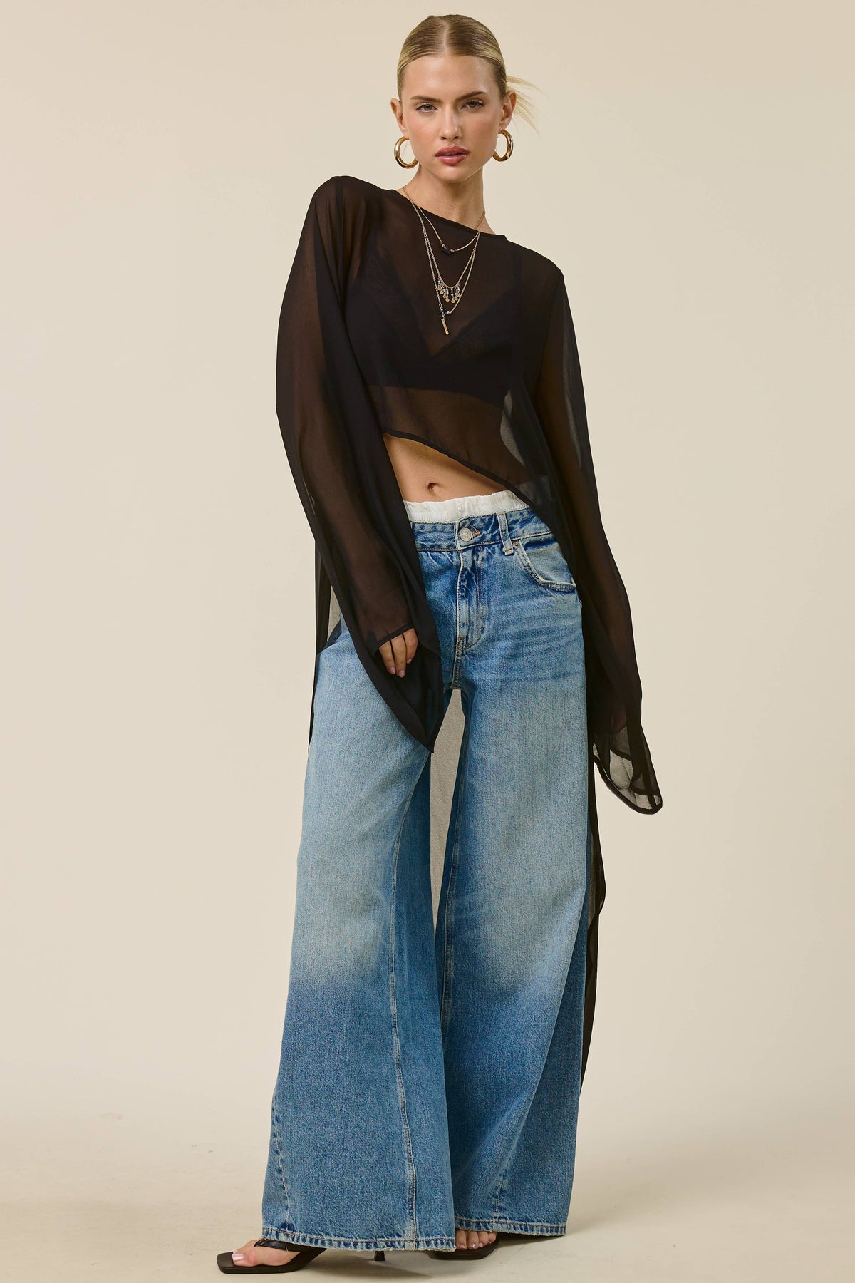 Sheer Long Sleeve Maxi Overlay Top: Black / S