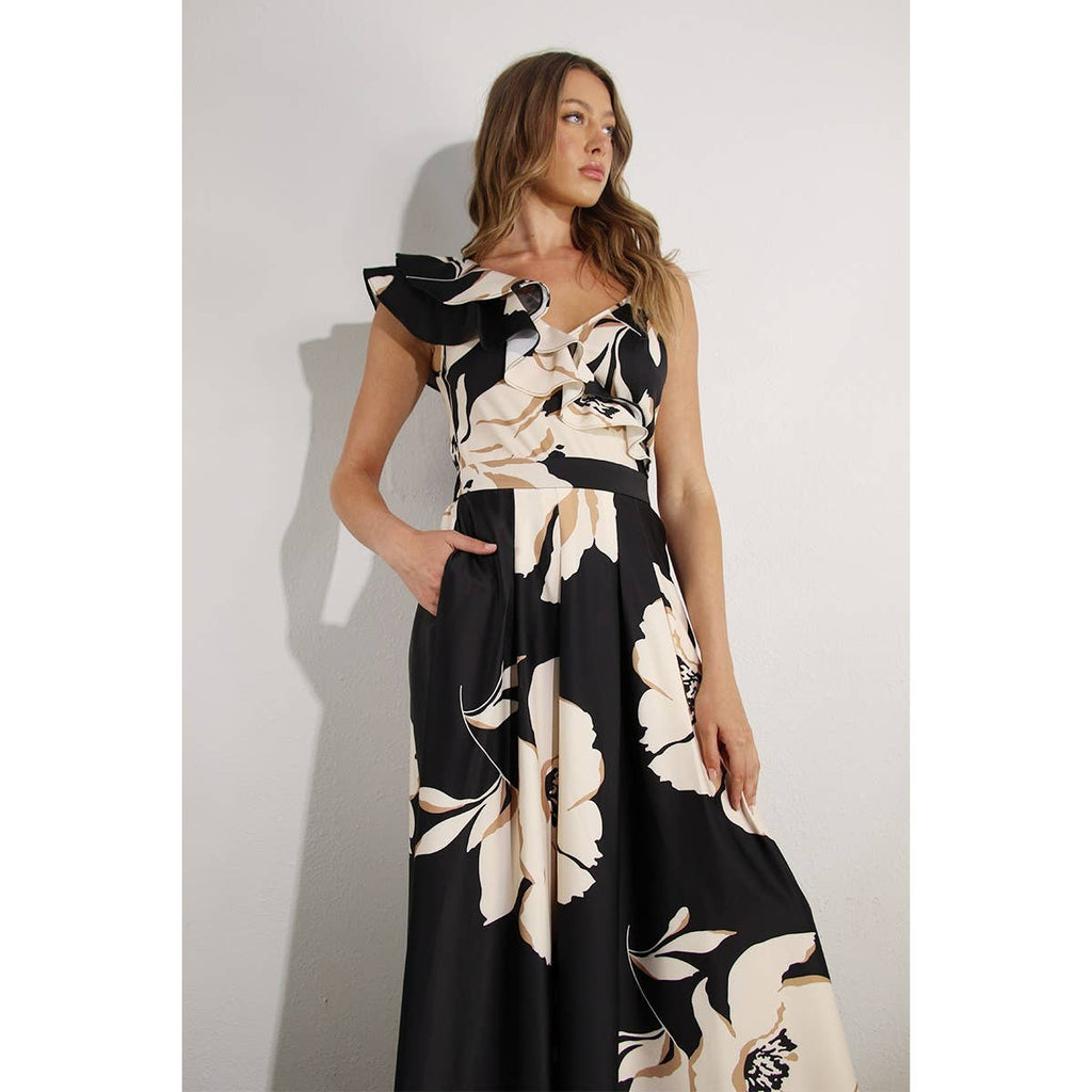 ONE SHOULDER RUFFLE PLEATED MAXI DRESS: BLACK MULTI