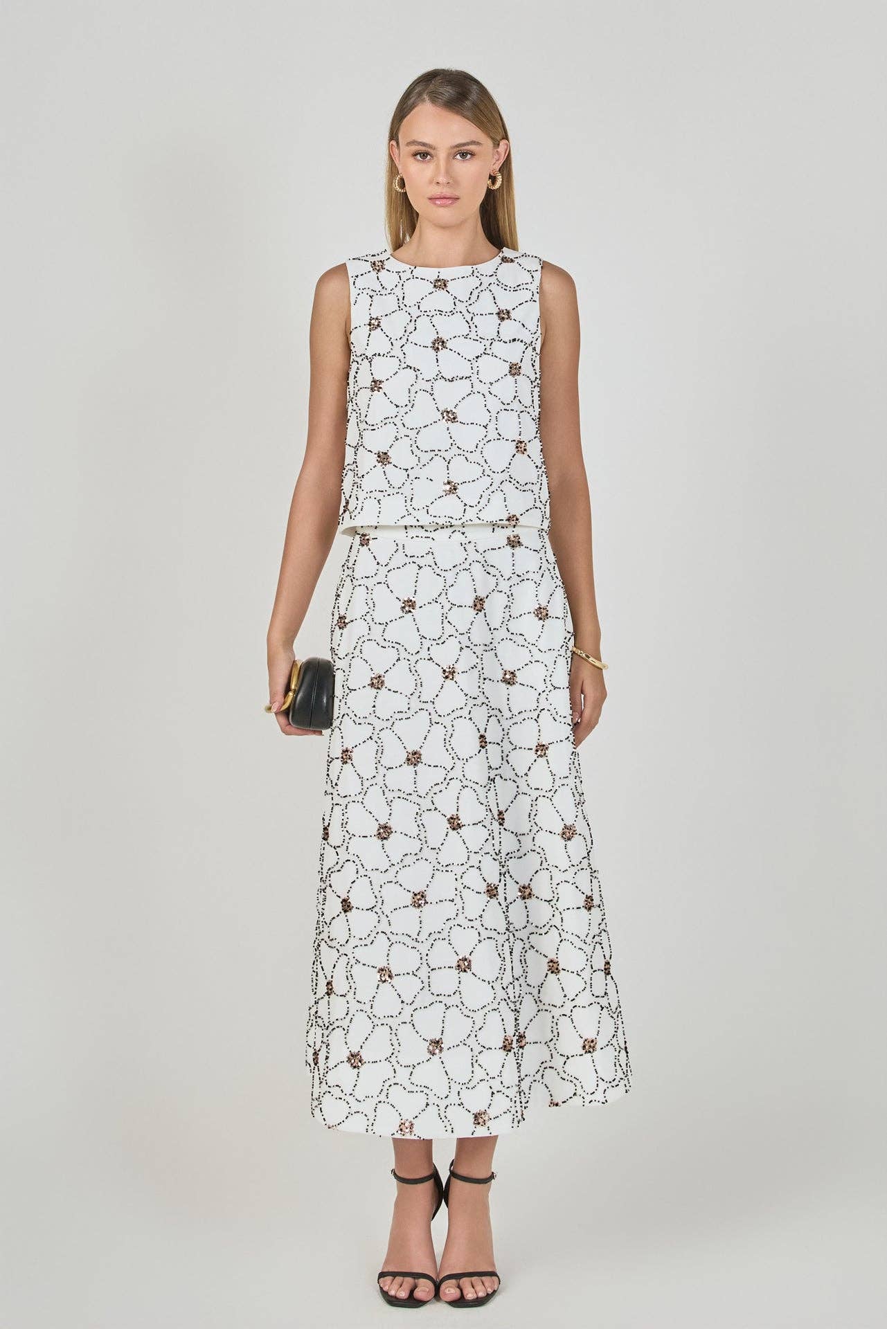 White and Black Floral Beaded Linen Chiffon Set