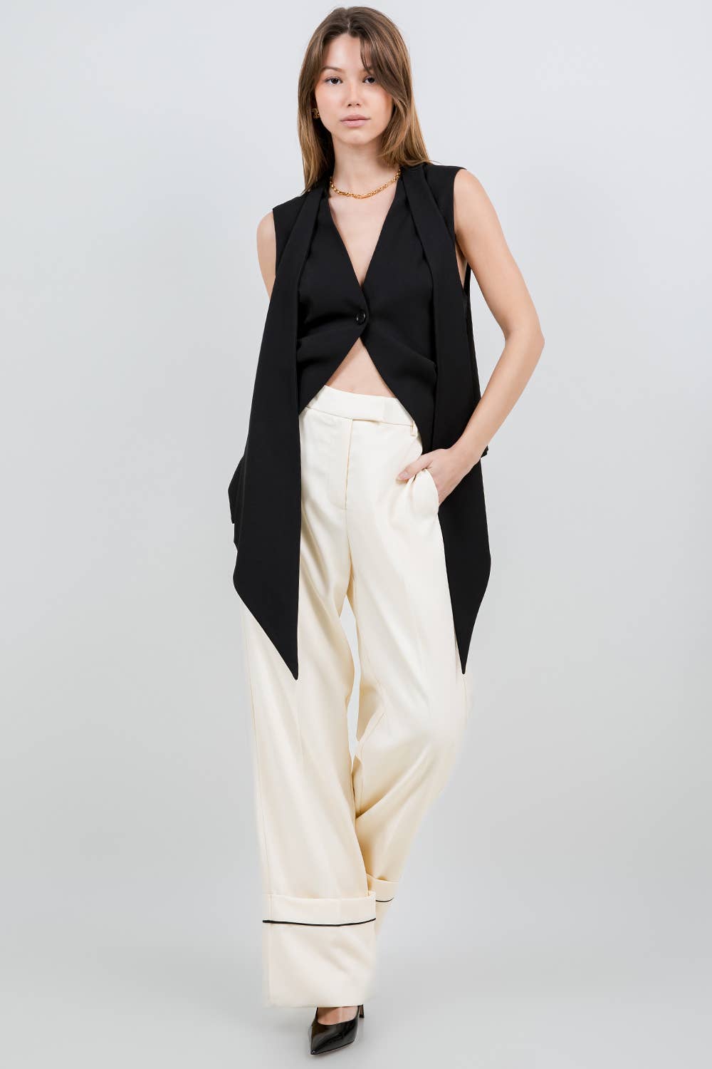 Black Woven Vest With Attached Scarf