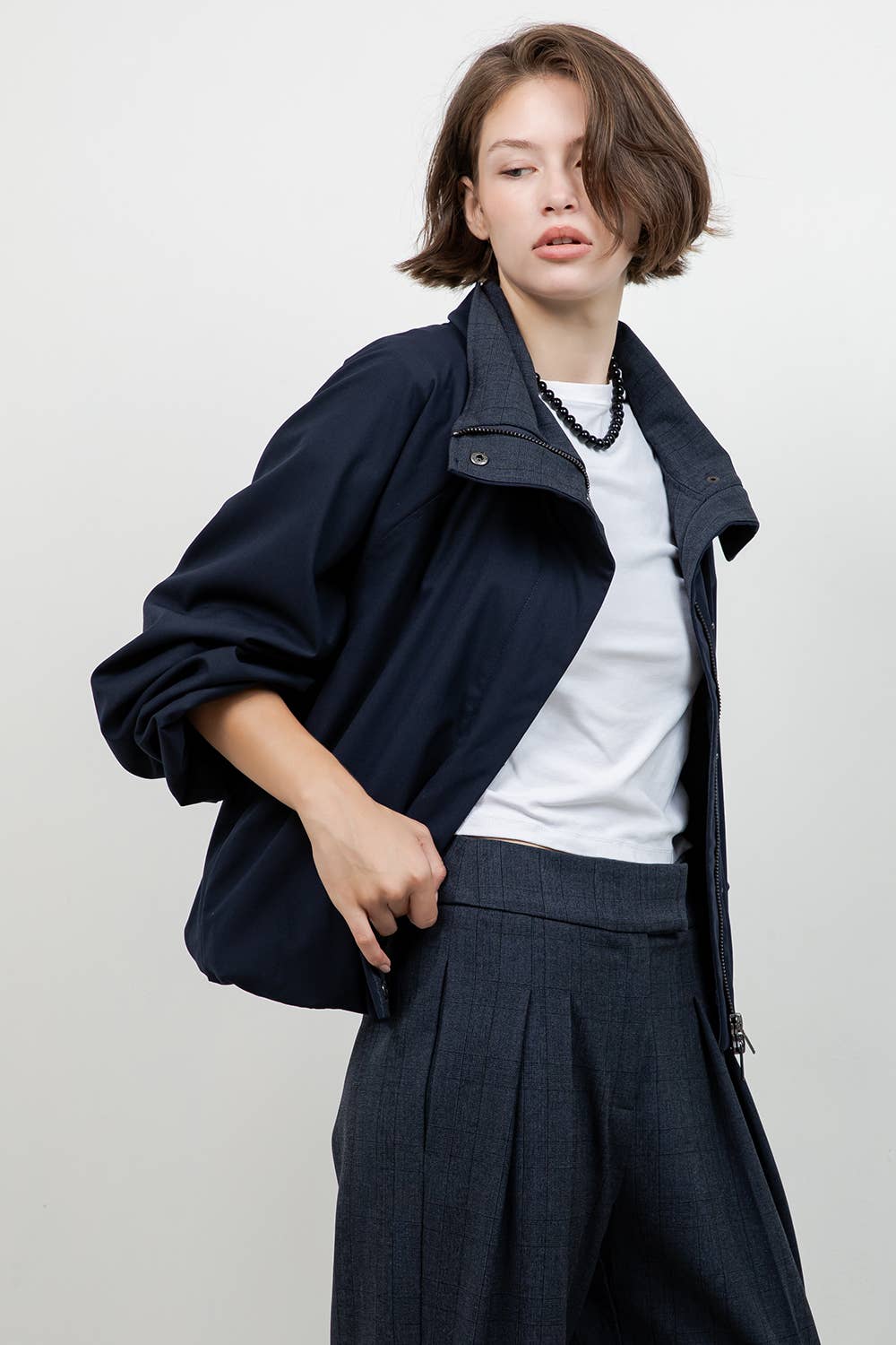 Soft Navy Jacket With Plaid Collar Detail