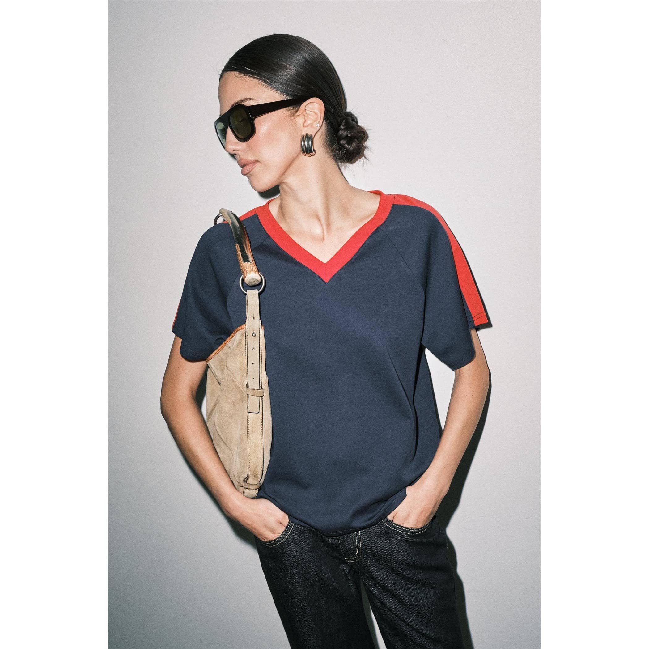 Ruth Sporty V-Neck Short Sleeve Boxy Tee Top Navy And Red
