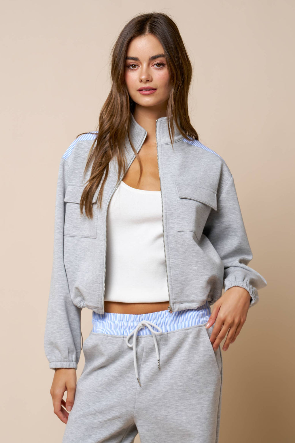 Color Block Zip Up Mock Neck Sweatshirt And Pant Set