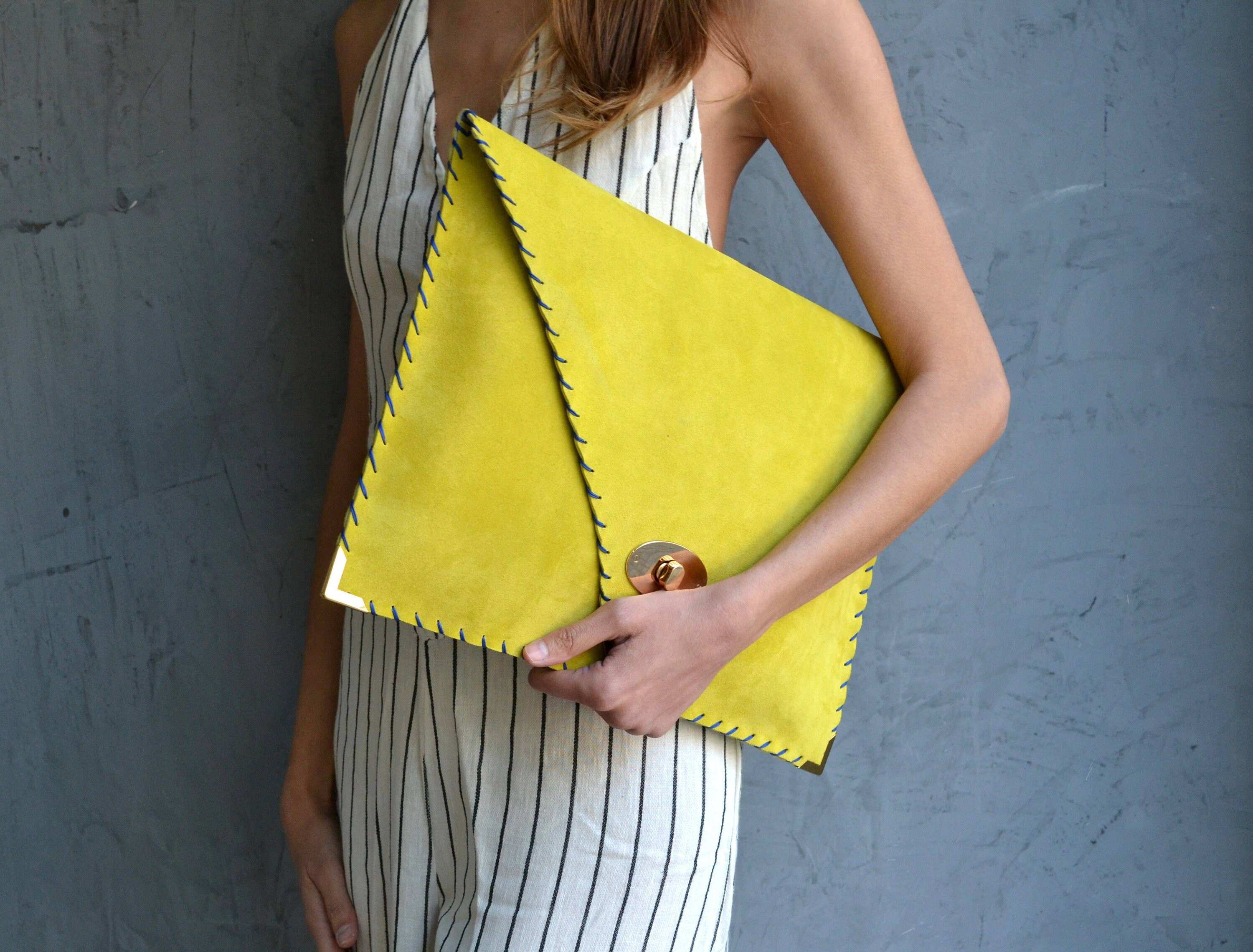 Symmetria Large Soft Clutch In Lime Yellow With Blue Piping