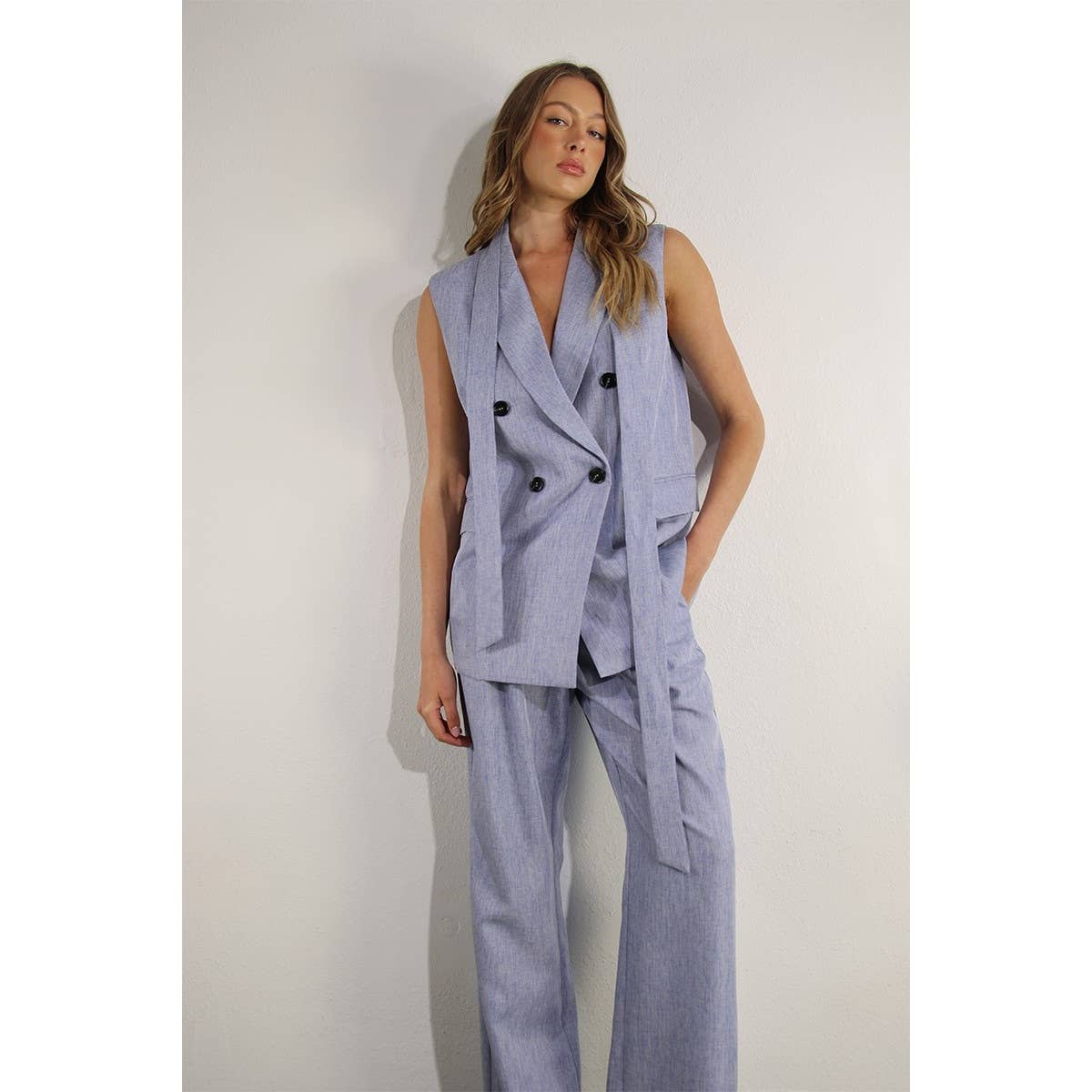SPRING VEST AND LONG PANTS SUIT SET: DENIM BLUE HAZE