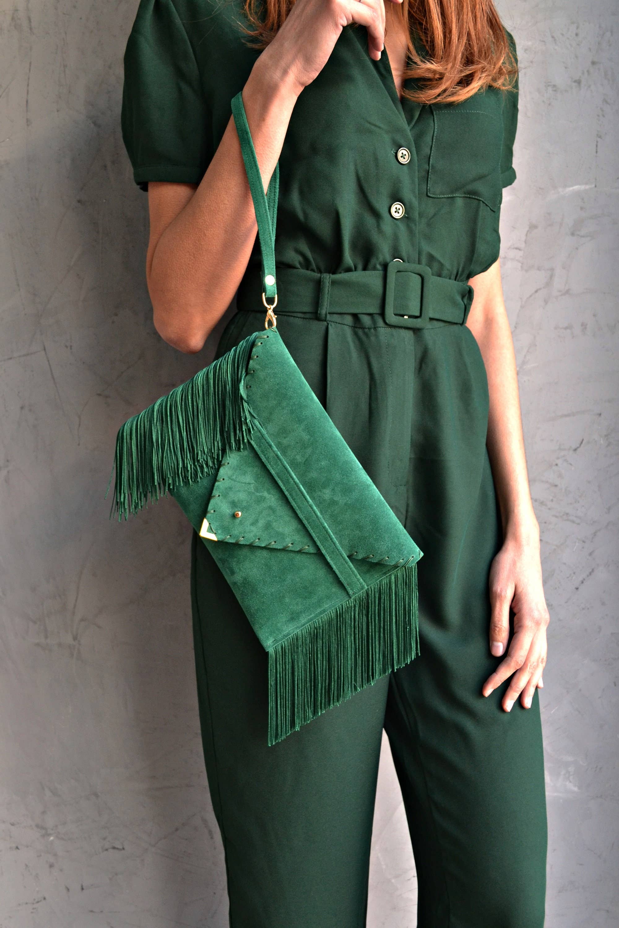 Medusa Clutch In Esmerald With Silk Fringe And  Silver Hardware